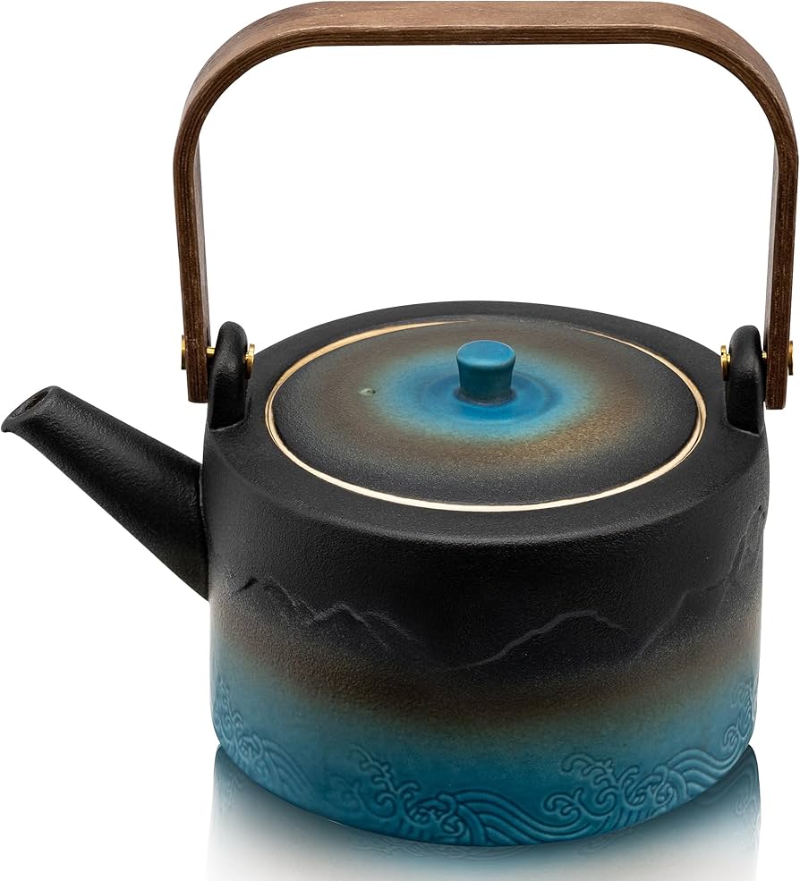 Wood Handle Ceramic Teapot